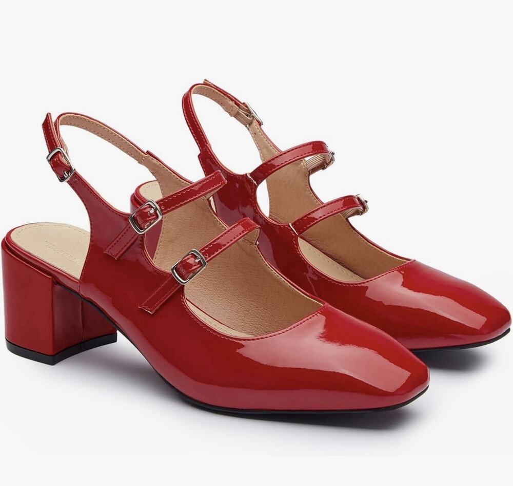 Viloporlor Women’s Mary Jane Shoes Slingback Chunky Heels Red Size 9